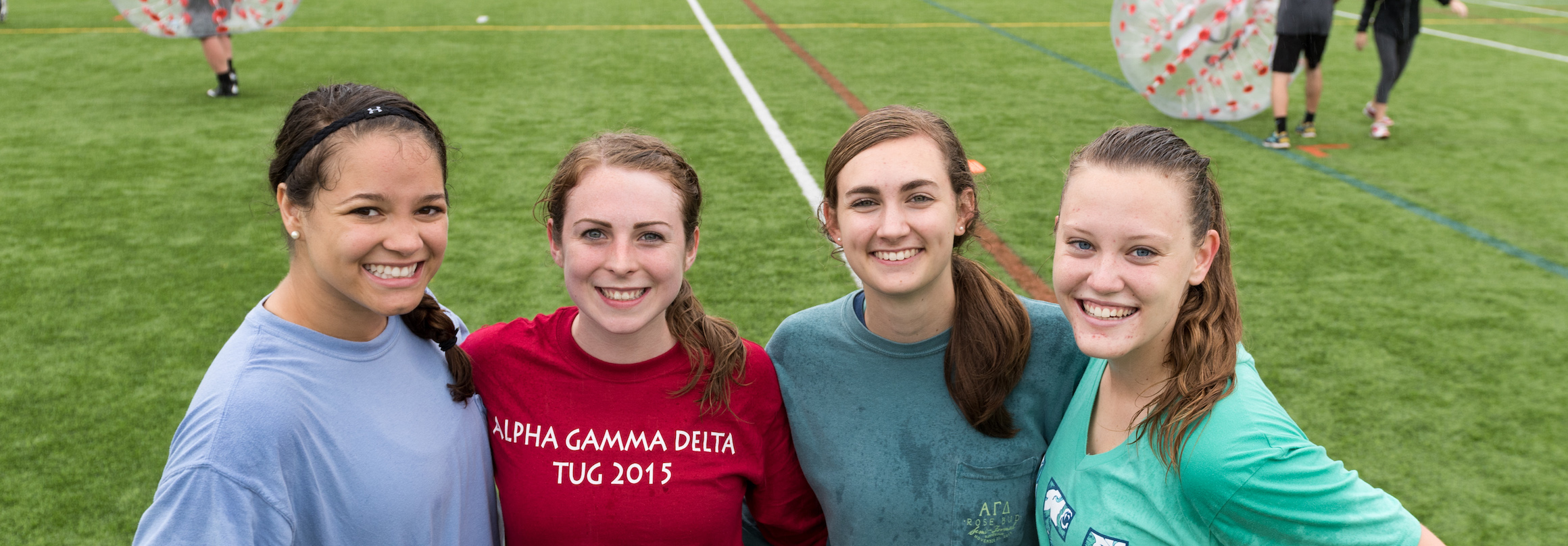 Bubble soccer players on E. Roe Stamps IV Student Athletic Fields